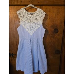 RARE EDITIONS Girls Blue White Seersucker Floral Lace Dress Size 10